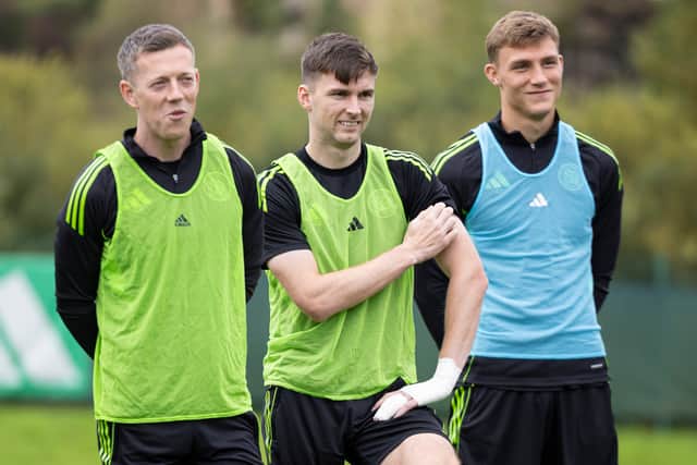 Callum McGregor, Kieran Tierney and Dane Murray during a Celtic training session at Lennoxtown on Friday. (Photo by Ross MacDonald / SNS Group)