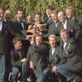 Bernard Gallacher, the captain, celebrates with his players after Europe’s win in the 1995 Ryder Cup at Oak Hill Country Club in Pittsford, New York 