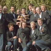 Bernard Gallacher, the captain, celebrates with his players after Europe’s win in the 1995 Ryder Cup at Oak Hill Country Club in Pittsford, New York