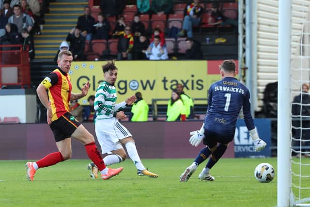Celtic's Sebastian Tounekti scores to make it 3-0 over Partick Thistle in the Premier Sports Cup quarter-final at Firhill. (Photo by Ross MacDonald / SNS Group)