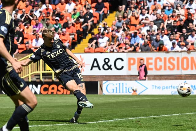 Jeppe Okkels opens the scoring for Aberdeen last time they faced Dundee United.