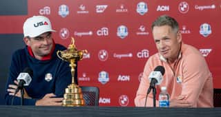 Team USA captain Keegan Bradley and his Team Europe captain Luke Donald speak to the media at Bethpage Black on Monday in the build up to the 45th Ryder Cup at the Long Island venue