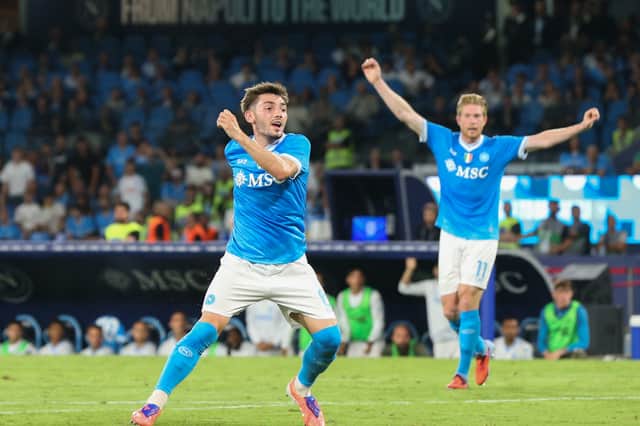 Billy Gilmour celebrates scoring his first goal for Napoli in the 3-2 win over Pisa at the Diego Armando Maradona Stadium. (Photo by CARLO HERMANN/AFP via Getty Images)