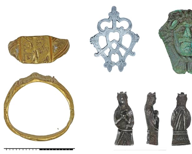 A number of chance finds recorded by the Treasure Trove Unit in the past year. Pictured are (clockwise from left) a gold icongraphic ring found near Edzell and valued at £6,100; an annular heart shaped brooch found at Wester Clunes in Highland, a medusa mount from Kirkcolm, Galloway and a medieval silver figurine of Madonna and Child found at Cupar. PIC: TTU.