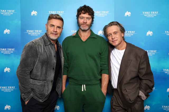 Gary Barlow, Howard Donald and Mark Owen pose during their announcement  for ‘The Circus Live’ Summer 2026 Tour
