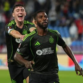 Celtic's Kelechi Iheanacho, right, celebrates after scoring his side's opening goal during the Europa League draw with Red Star Belgrade. (AP Photo/Darko Vojinovic)