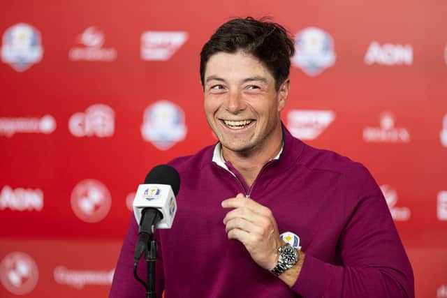 Team Europe’s Viktor Hovland smiles in his pre-Ryder Cup press conference on Thursday 