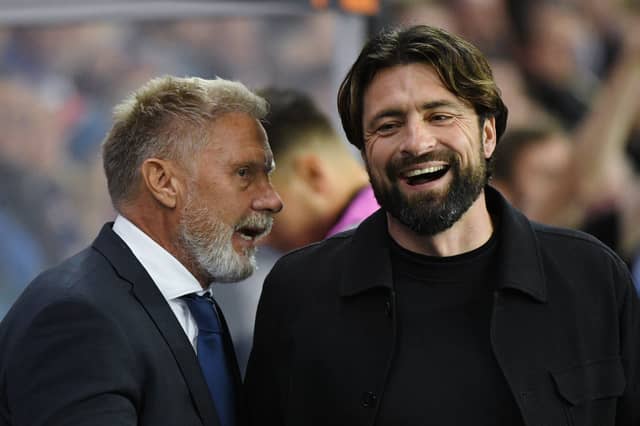 Thorsten Fink, head coach of Genk, with Rangers manager Russell Martin. (Photo by Euan Cherry/Getty Images)