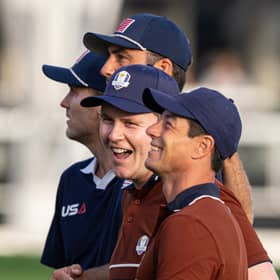Team Europe’s Bob MacIntyre and Viktor Hovland pictured on the first tee with Scottie Scheffler and Russell Henley ahead of their  Saturday morning foursomes in the 45th Ryder Cup at Bethpage Black in New York 