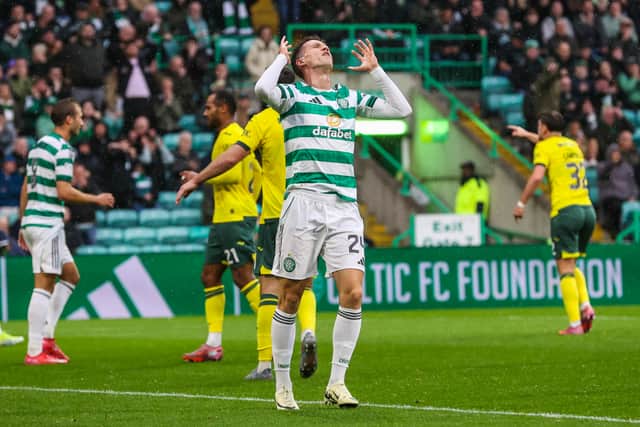 Celtic substitute Johnny Kenny looks dejected after missing a late chance against Hibs. (Photo by Craig Williamson / SNS Group)