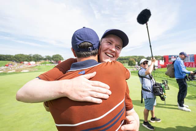 Team Europe’s Bob MacIntyre and Viktor Hovland celebrate beating Scottie Scheffler and Russell Henley, the world No 1 and No 3 respectively in an epic Ryder Cup match