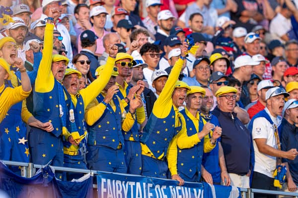 Team Europe fans celebrate Luke Donald’s side taking a commanding lead after day two in the 45th Ryder Cup in New York