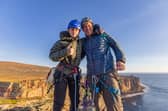 Aden and his dad, Alan, at the top of the Old Man of Hoy 
