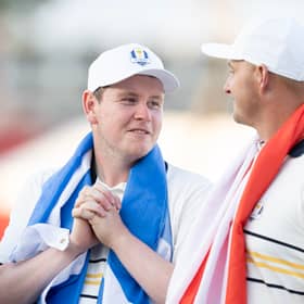 Bob MacIntyre and Sepp Straka celebrate Team Europe’s win in the 45th Ryder Cup in New York