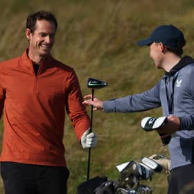 Tennis legend Andy Murray pictured smiles during a practice round at Kingsbarns prior to the Alfred Dunhill Links Championship 