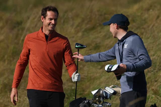 Tennis legend Andy Murray pictured smiles during a practice round at Kingsbarns prior to the Alfred Dunhill Links Championship 