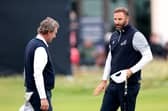Dustin Johnson pictured with his amateur partner Wayne Gretzky on the 18th green on day one of the Alfred Dunhill Links Championship at Carnoustie Golf Links