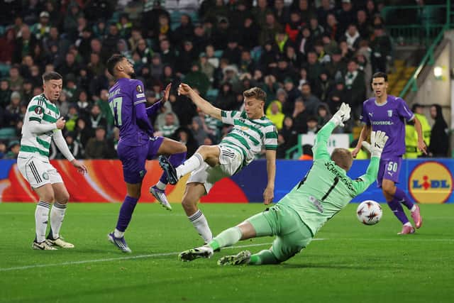 Gabri Martinez of Braga scores his team's second goal against Celtic in the 2-0 Europa League win at Parkhead.