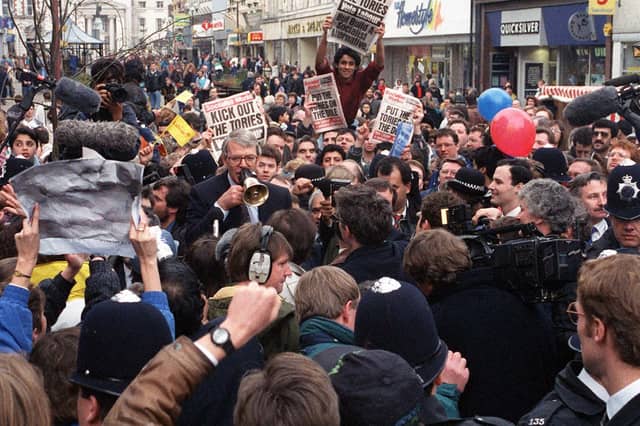 In 1992, the then Prime Minister John Major stood on a soapbox with a loudspeaker to address people in the street as he campaigned ahead of the general election (Picture: Adam Butler)