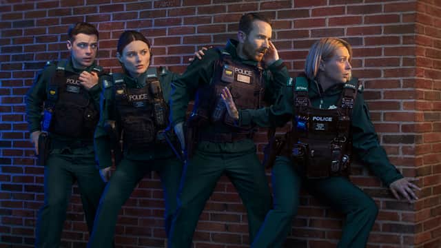 Siân  Brooke as Grace Ellis, right, with (l-r) Nathan Braniff as Tommy Foster, Katherine Devlin as Annie Devlin, Martin McCann as Stevie Niell in action in Blue Light Series 3, BBC.