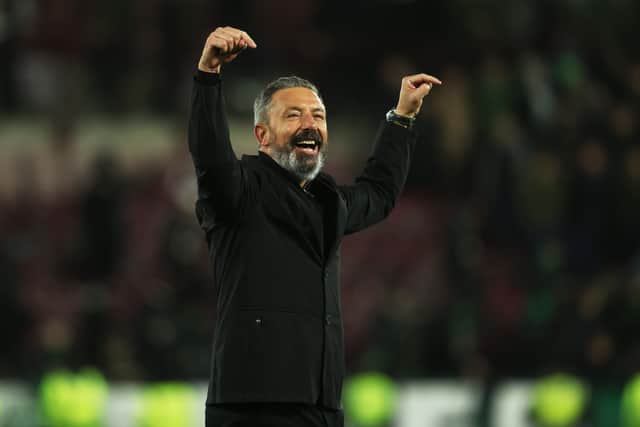Hearts head coach Derek McInnes celebrates the 1-0 win over Hibs at Tynecastle.