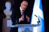 First Minister John Swinney speaking at the National Galleries of Scotland, in Edinburgh, following the publication of a paper about Scotland's constitutional future.