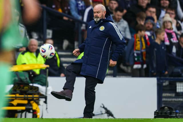 Scotland boss Steve Clarke controls a ball that entered the technical area during the 2-1 victory over Belarus at Hampden Park last month.