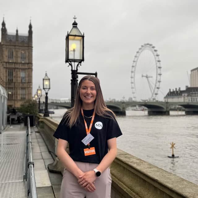 Fallon Campbell, who this year completed a four-apprenticeship in electrical, has been short-listed for apprentice of the year in the Engineering Construction Industry Training Board annual awards, with the winner due to be announced in November. She is seen here at the Palace of Westminster where she represented Dounreay during Nuclear Week in Parliament.