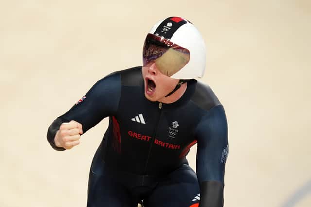 Great Britain's Jack Carlin celebrates during the Men's Team Sprint qualifying at the 2024 Paris Olympic Games in France.