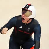 Great Britain's Jack Carlin celebrates during the Men's Team Sprint qualifying at the 2024 Paris Olympic Games in France.