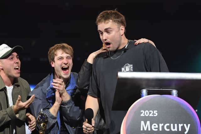 Sam Fender reacts onstage to his victory at the Mercury Music Awards 2025 in Newcastle.
