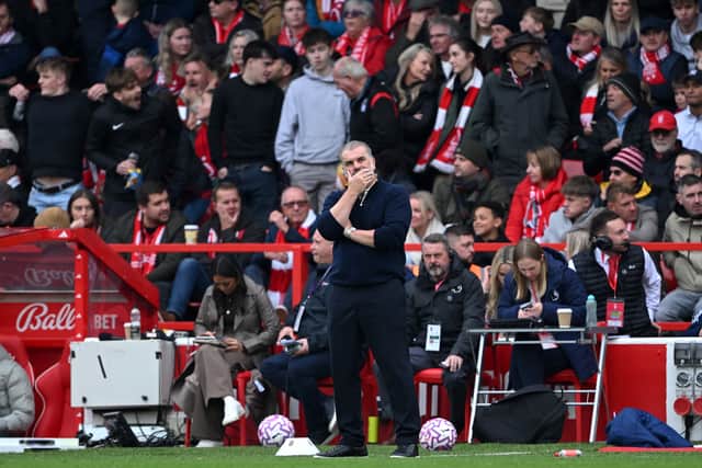 Ange Postecoglou reacts after Reece James of Chelsea scored the team's third goal during the 3-0 Premier League win over Nottingham Forest at the City Ground.