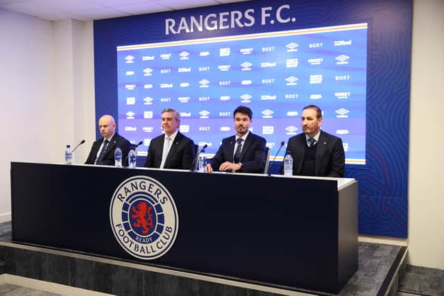 From left, Rangers' Patrick Stewart, Andrew Cavenagh, Danny Rohl and Kevin Thelwell address the media at Ibrox.