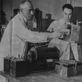 Psychic researcher Harry Price (left), director of the National Laboratory of Psychical Research, X-raying a sealed box which once belonged to religious prophetess Joanna Southcott with his assistant, August 1938. (Photo by Keystone/Hulton Archive/Getty Images)