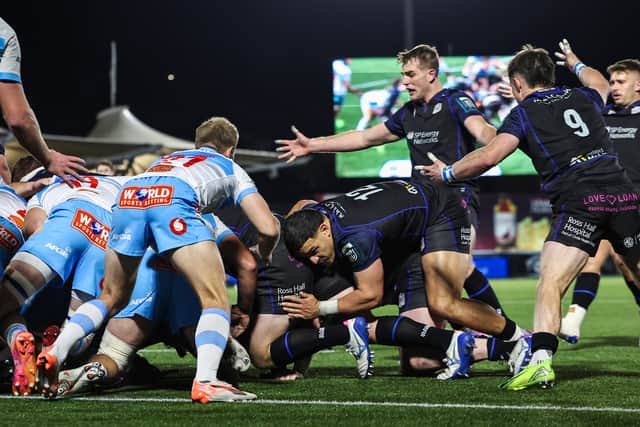 Glasgow Warriors players appeal for a penalty try during a BKT United Rugby Championship match against Bulls.