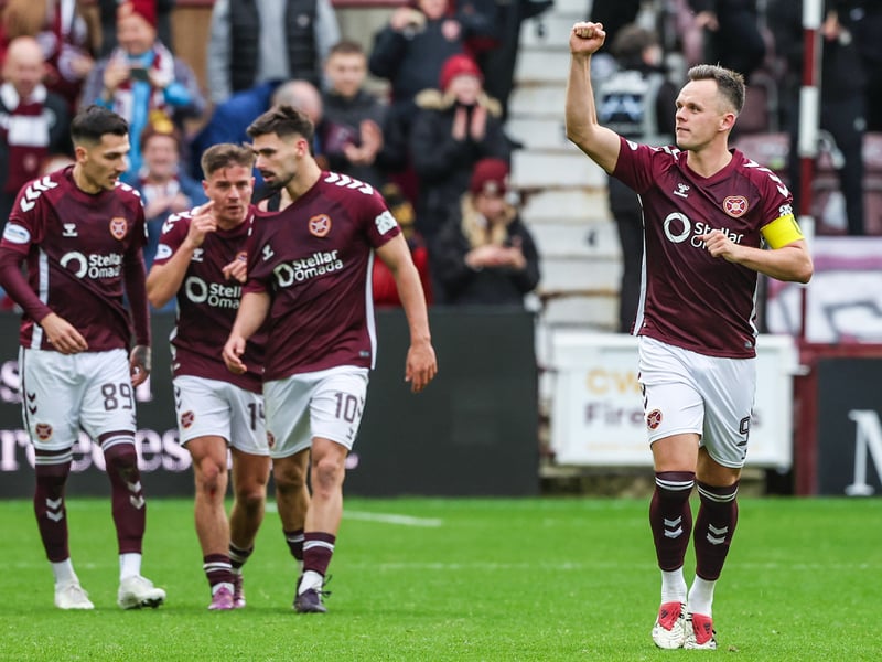 Hearts celebrate their big win over Celtic at Tynecastle.