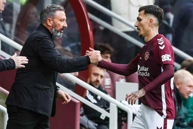 Hearts head coach Derek McInnes with Alexandros Kyziridis.