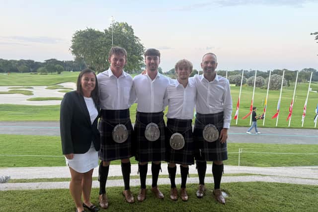 Spencer Henderson, right, pictured with team manager Clsare Queen and Scottish trio Niall Shiels Donegan, Cameron Adam and Gregor Graham in Singapore during the recent World Amateur Team Championship
