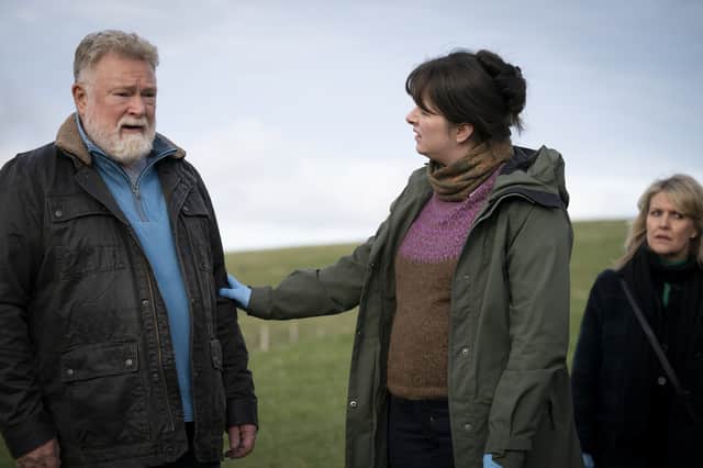 Lewis Howden as Sergeant Billy McCabe, Alison O'Donnell as DI Alison McIntosh and Ashley Jensen as DI Ruth Calder in season 10 of BBC’s Shetland.