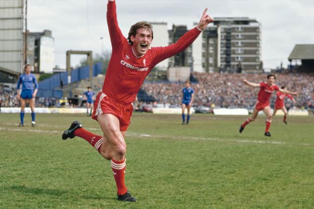 Kenny Dalglish celebrates after scoring against Chelsea at Stanford Bridge on 3 May 1986 - the goal that gave Liverpool the 1985/86 Division One Championship