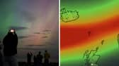 An image of the Northern Lights in England in 2024 and a Met Office map showing where the Northern Lights could be visible in the UK on October 28 2025.