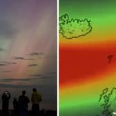 An image of the Northern Lights in England in 2024 and a Met Office map showing where the Northern Lights could be visible in the UK on October 28 2025.