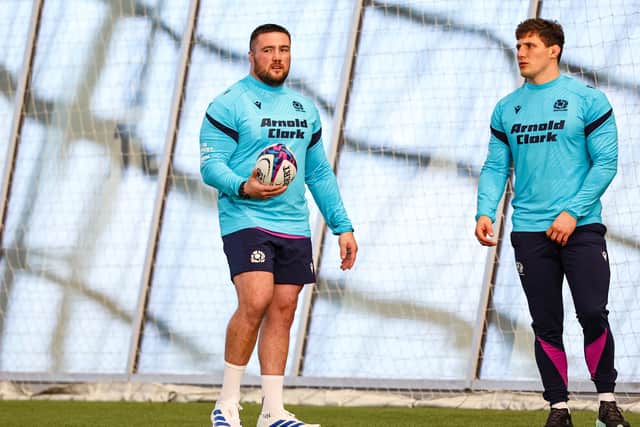 Zander Fagerson (L) and Rory Darge during a Scotland training session at the Oriam on October 27, 2025.