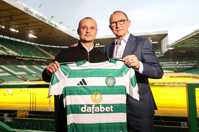 Celtic interim management team Shaun Maloney (L) and Martin O'Neill (R) are unveiled at Celtic Park. (Photo by Craig Williamson / SNS Group)
