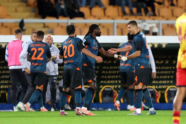 Napoli celebrate Frank Anguissa's goal at Lecce.