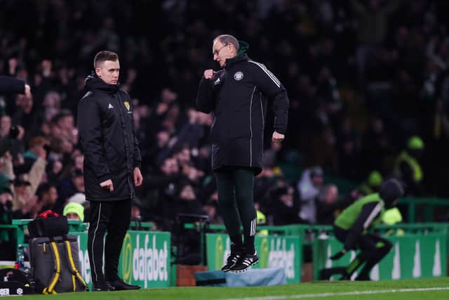 Celtic interim manager Martin O'Neill celebrates the 4-0 win over Falkirk. (Photo by Craig Williamson / SNS Group)