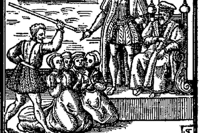 Accused witches kneeling before James VI, as taken from Daemonologie, his treatise on witchcraft and the supernatural. PIC: CC.