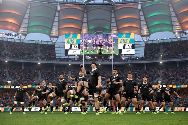 The All Blacks perform the haka ahead of the Rugby Championship & Bledisloe Cup match against Australia in Perth.