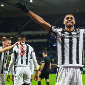 Mikael Mandron was involved in all four goals as St Mirren thrashed Motherwell in the Premier Sports Cup semi-final at Hampden Park. Cr: SNS Group.