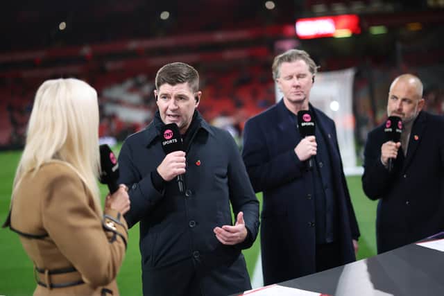 Former Rangers manager Steven Gerrard talks pitch side as part of the TNT Sports commentary team prior to the Premier League match between Liverpool and Aston Villa at Anfield on November 01, 2025 in Liverpool, England. (Photo by Carl Recine/Getty Images)